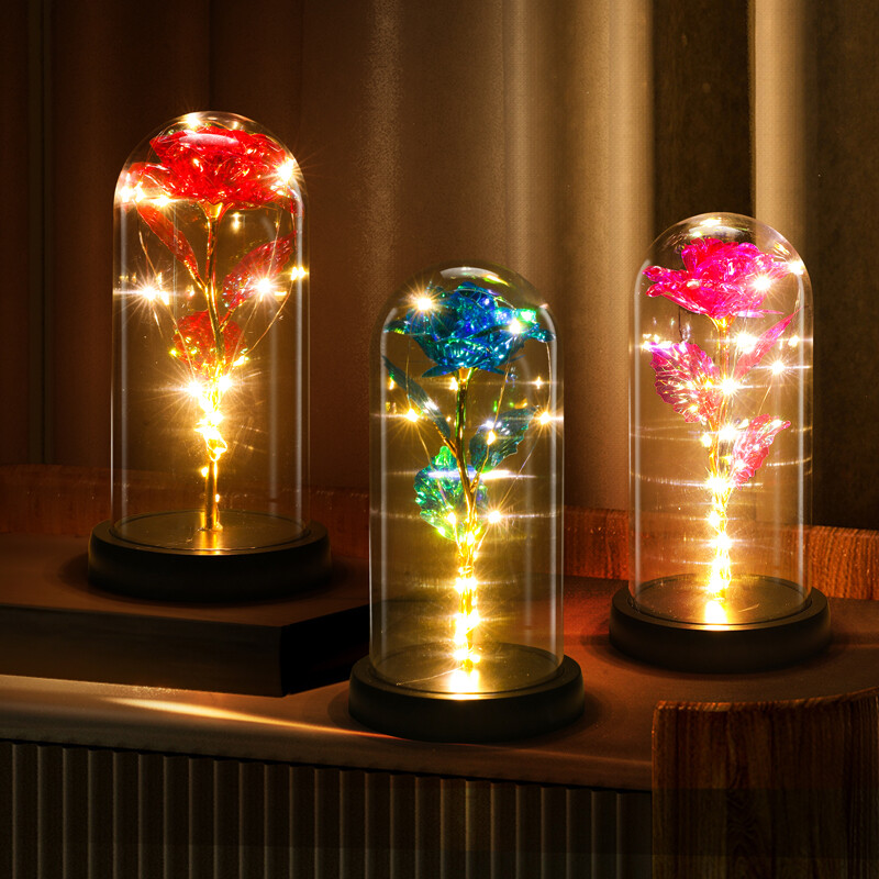Preserved Eternal Gold Foil Rose In Glass Galaxy Flower Dome LED Light Gift Her