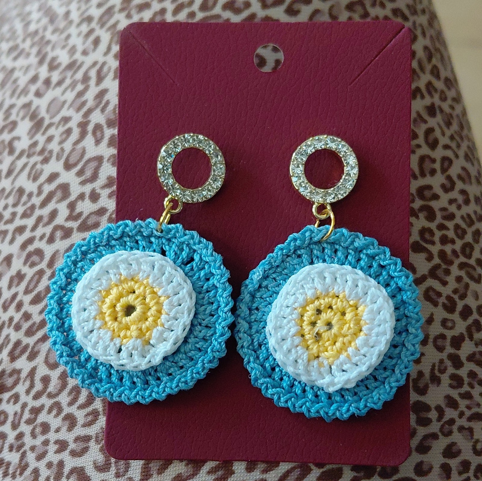 Handmade Crochet Round Dangle/Drop Earrings Blue White Yellow Butterfly Back