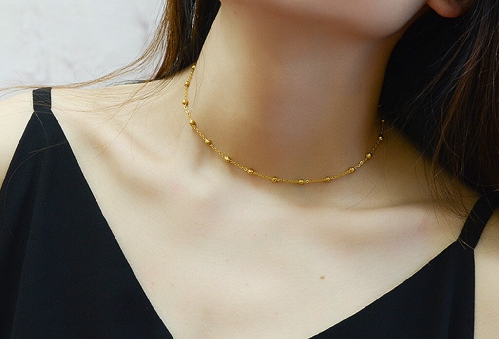 Gold Plated Titanium Stainless Steel 3.5mm Bead Chain Choker Necklace 14-16″