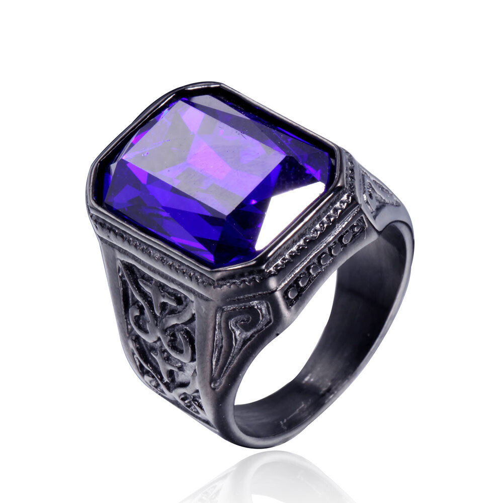 Men Big Stone Ring Stainless Steel Vintage Wedding Promise Cocktail Party Biker