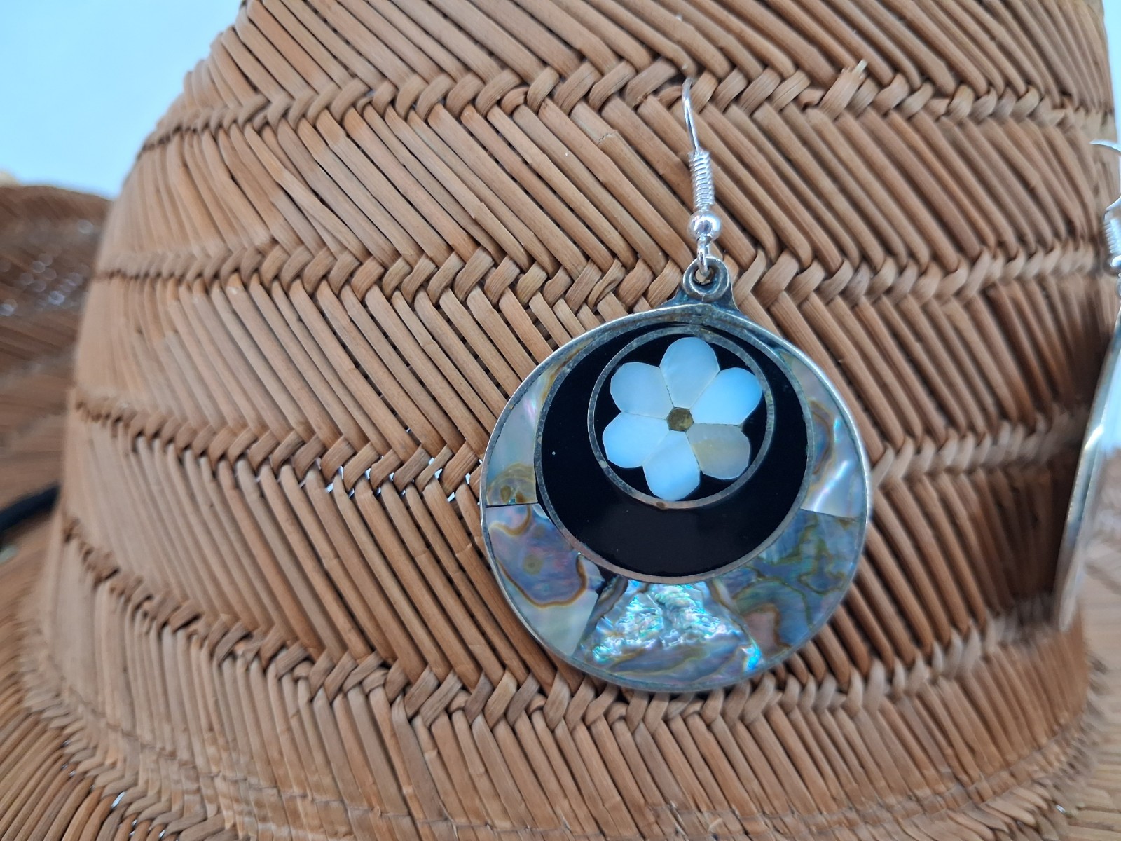 Mexico Alpaca Mother Of Pearl Abalone Dangle Earrings .925 Silver