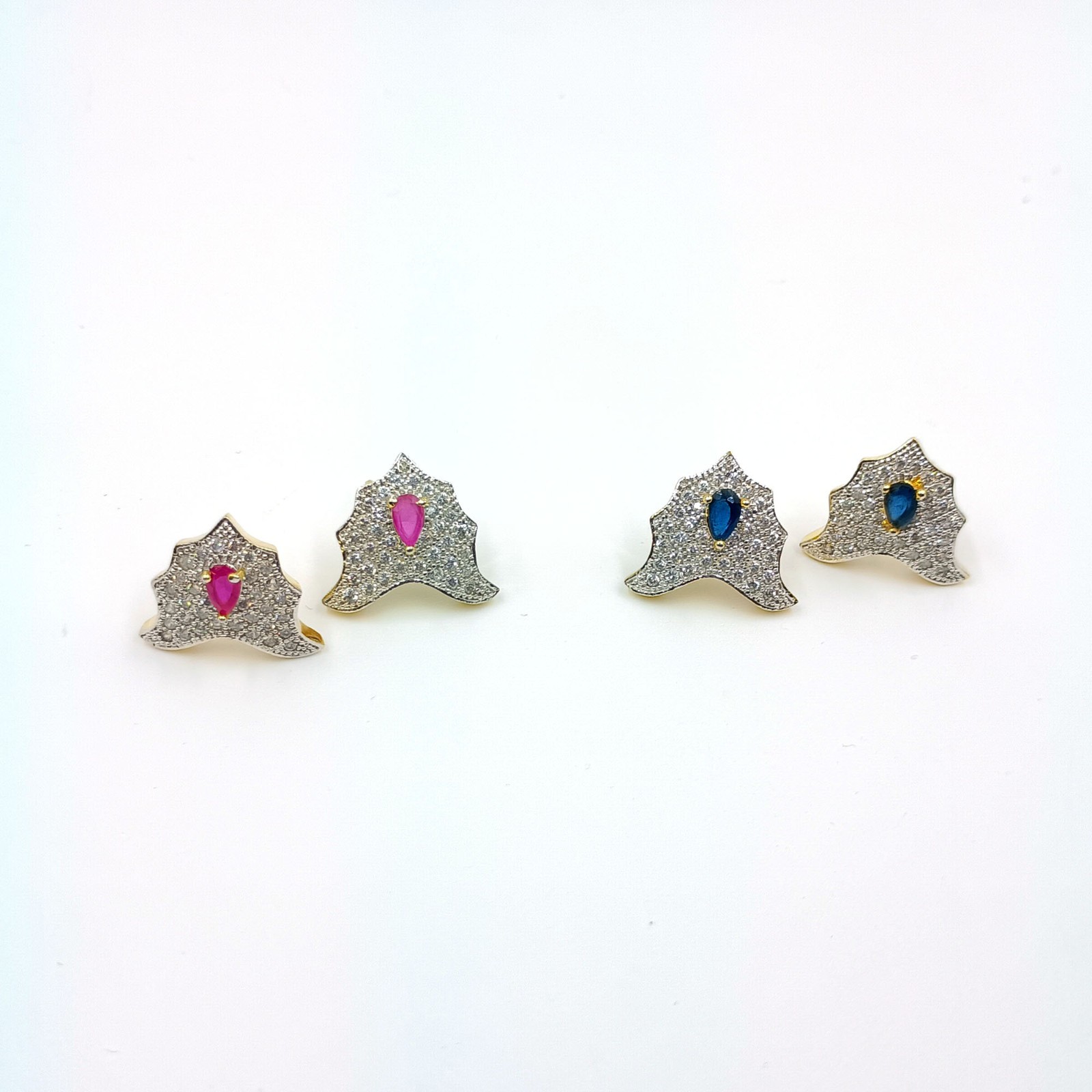 Ethnic South Indian CZ Stud Earrings Ruby Sapphire 22K Gold Plated Wedding