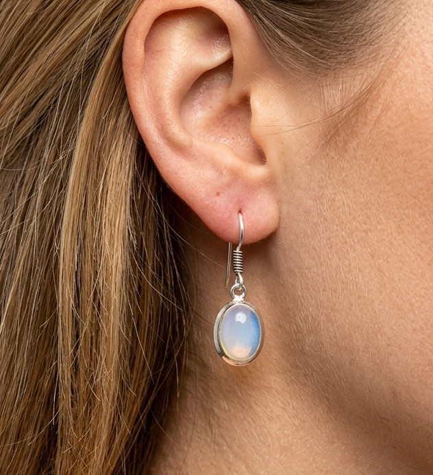 925 Silver Plated Milky Opalite Oval Shape Hook Earring