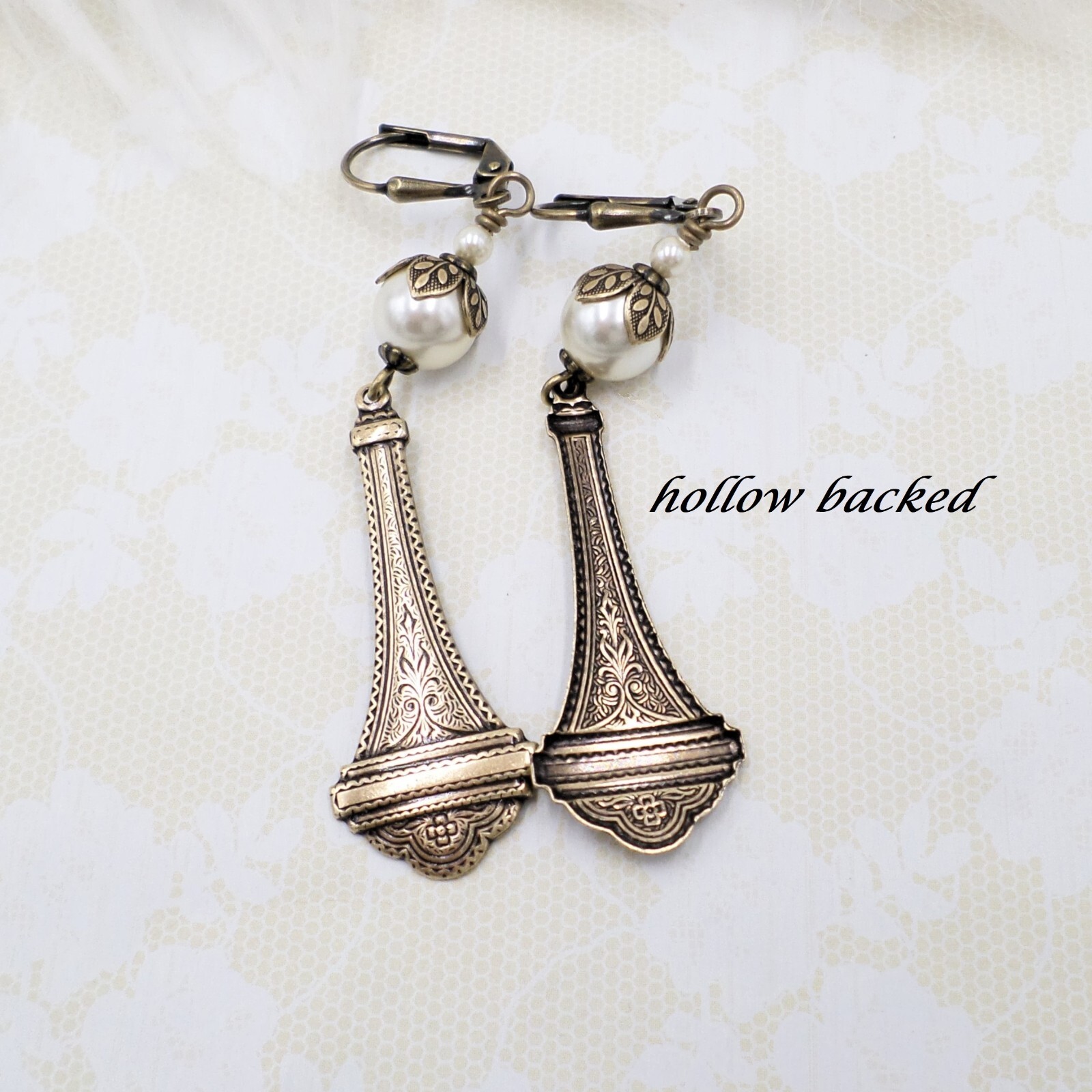 Brass Victorian Style Earrings, Cream Faux Pear Handmade Wedding Jewelry