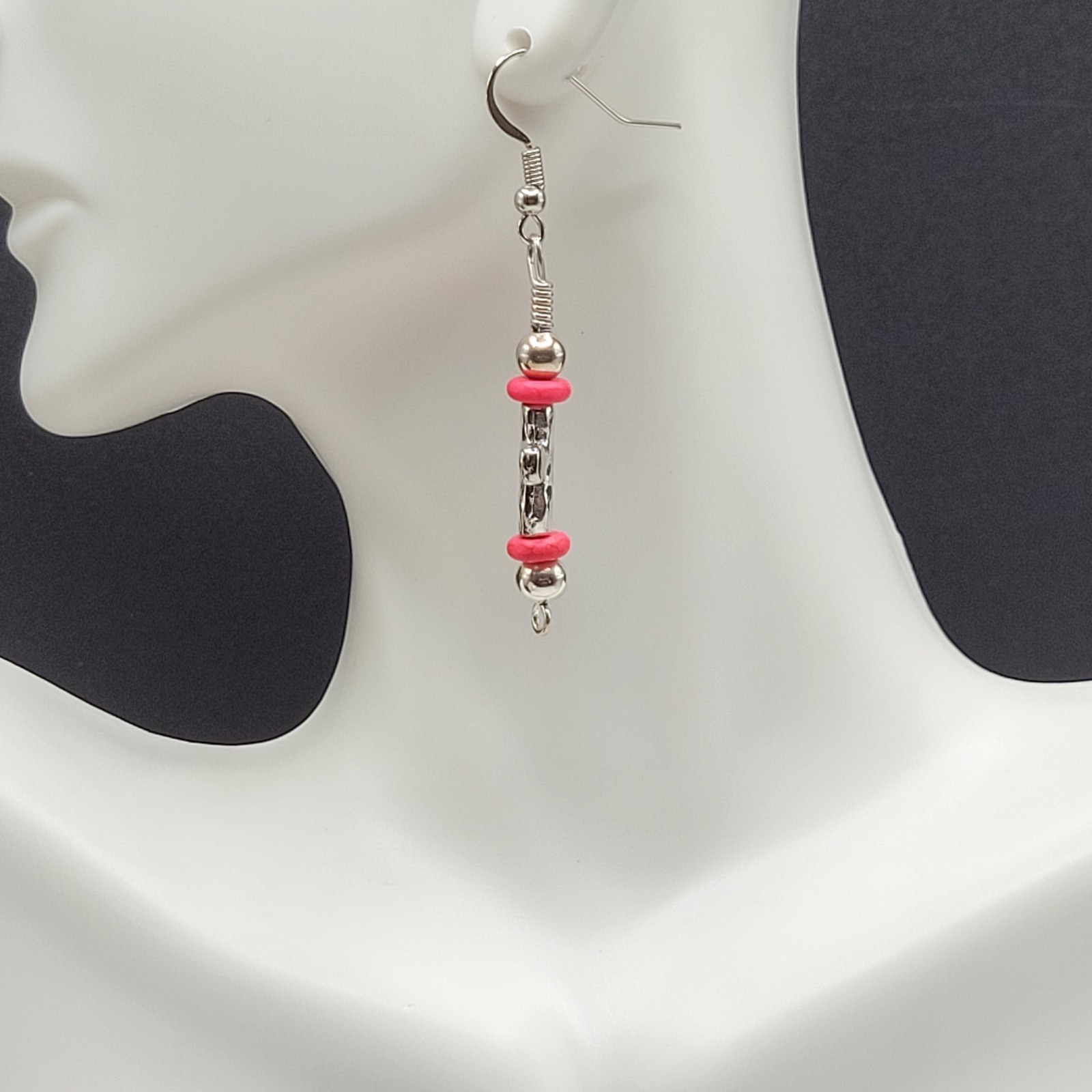Southwestern Silver Tone Cross w Pink Ceramic Bead Metal Hook Pierced Earrings