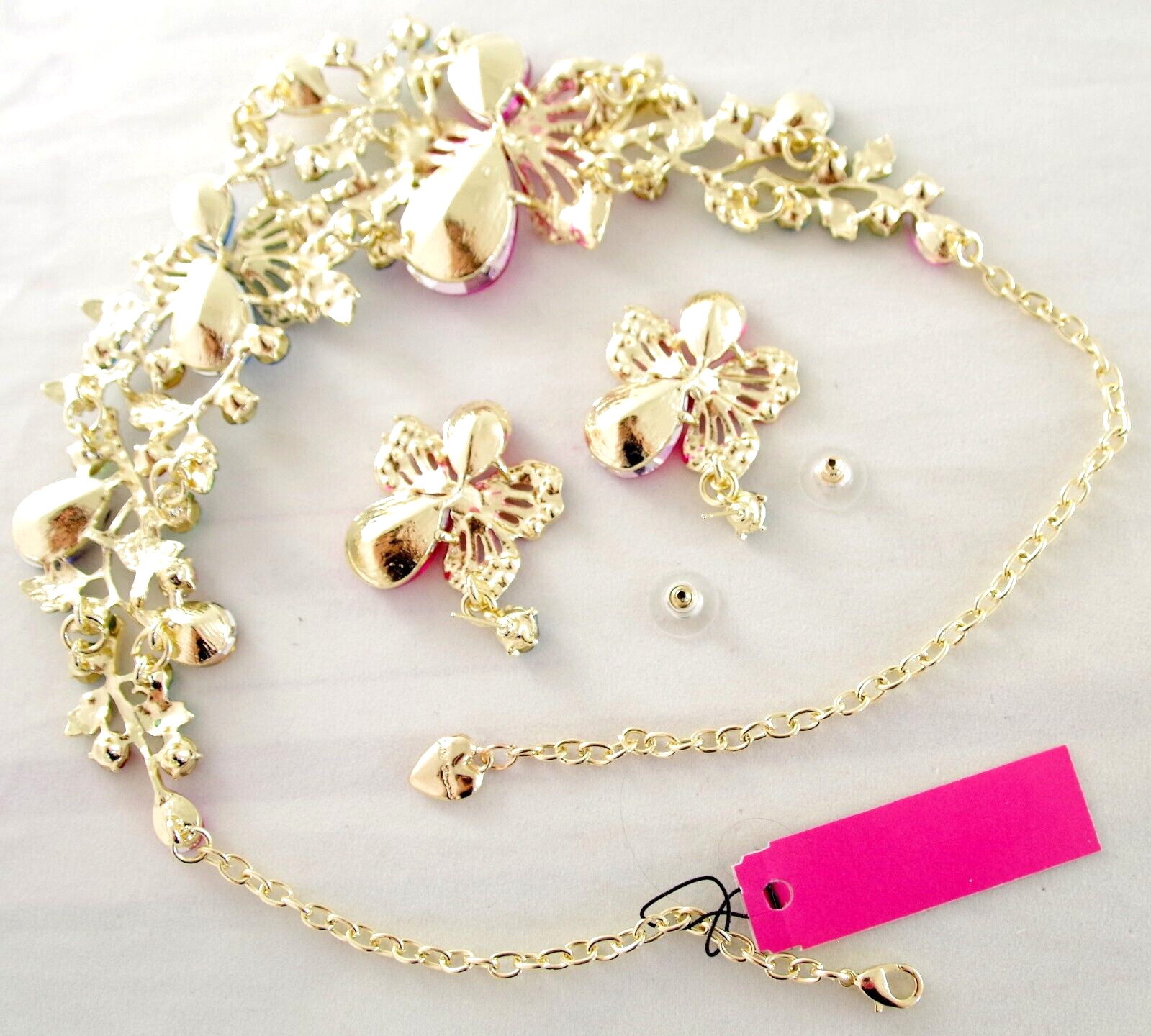 BETSEY JOHNSON MULTICOLOR CRYSTAL FLORAL NECKLACE FLOWER DROP DANGLE EARINGS SET