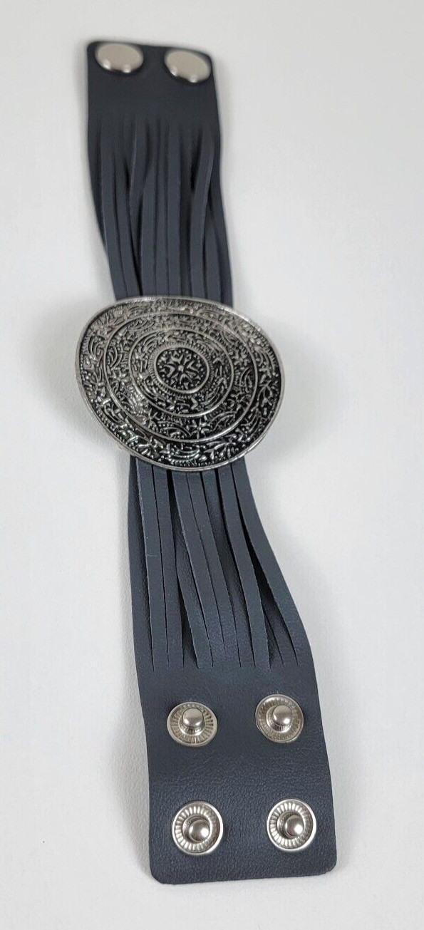 Gunmetal Tone Medallion Charm Gray Leather Cuff Bracelet 7.5-8.5 In