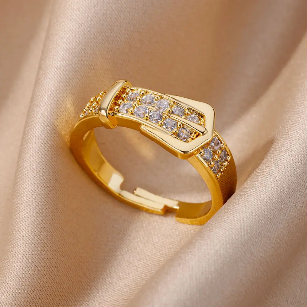 Geometric Belt Ring Adjustable Stainless Steel Simulated Zirconia Unisex Jewelry