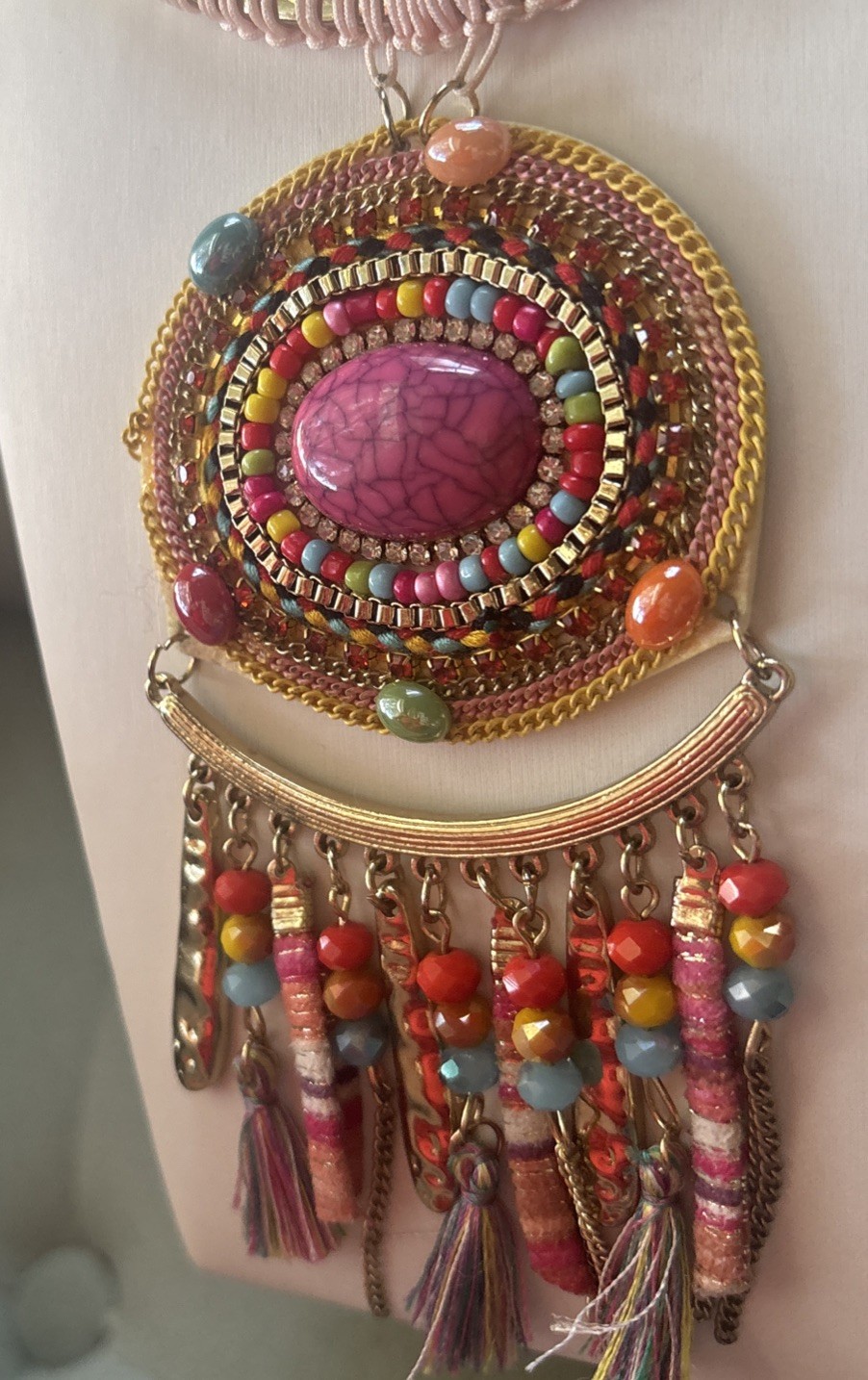 Boho Southwest Tassel Statement Necklace Colorful Beaded Bib Summer Color