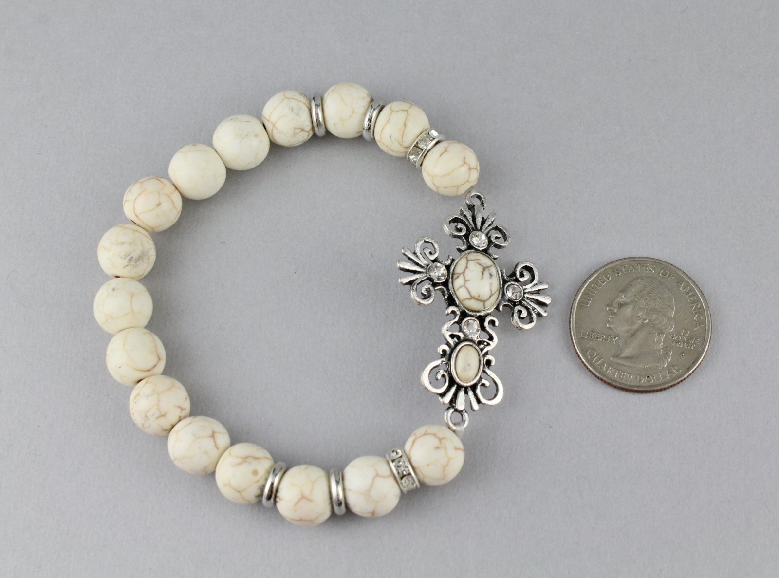 cross bracelet stretch Cream Silver stretchy beaded bracelet metal charm