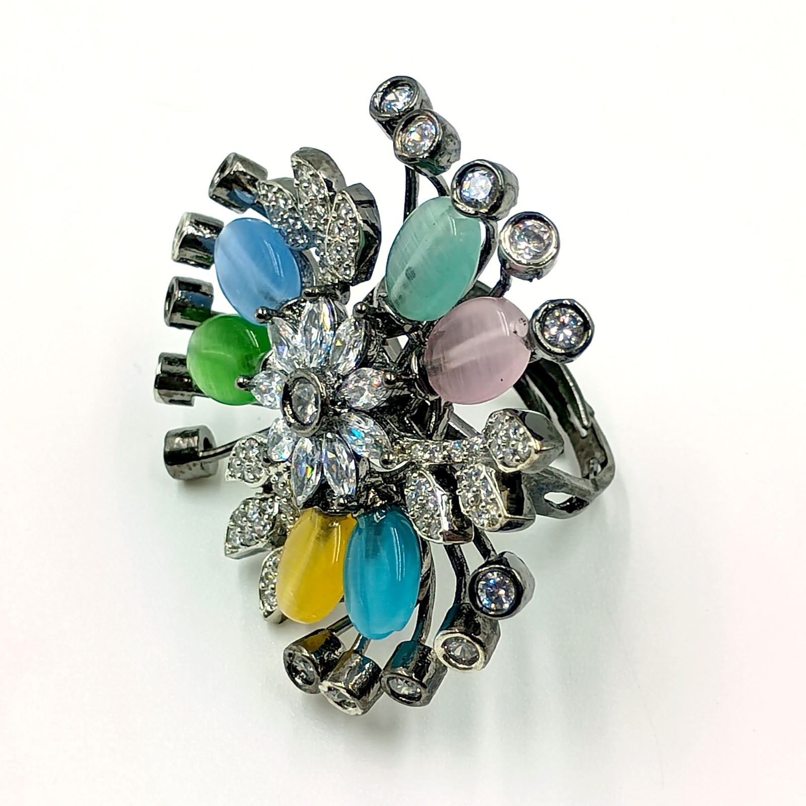 Handmade Multi Stone Ring Adjustable Cubic Zirconia Black Rhodium Plated Boho