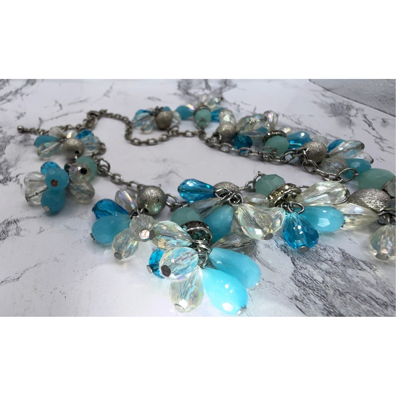 Blue Teal Clear Faceted Cluster Bead Necklace Silver Tone Chain 16-19″