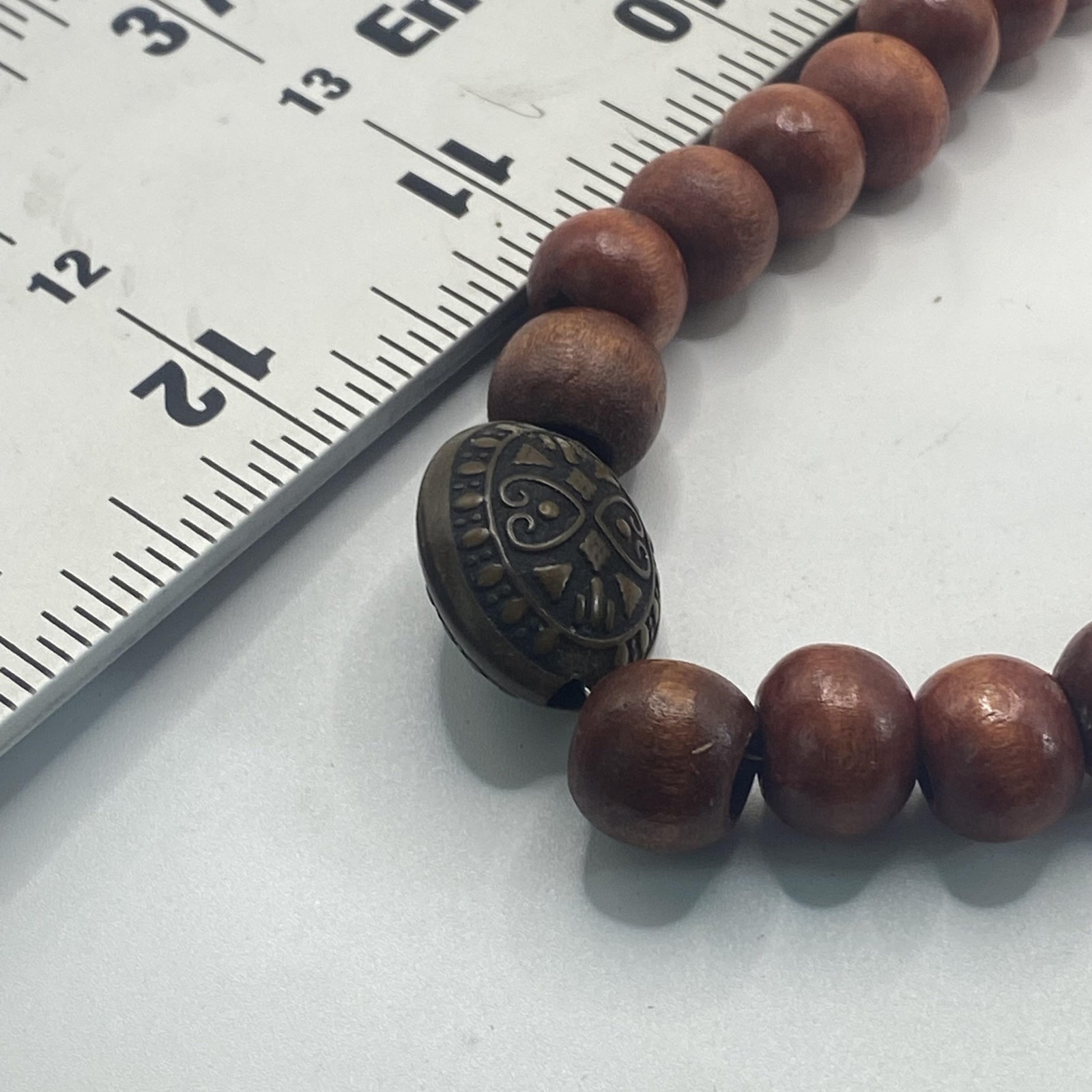 Brown Red Wood Beaded Necklace Brass Oval Center 24 In Boho Womens Jewelry