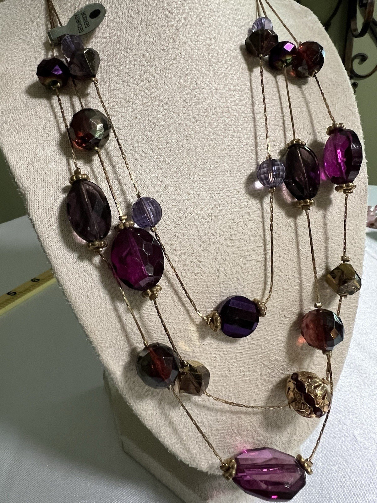 New Purple Multi Strand Layered Bead Necklace Floating Illusion Station Gold