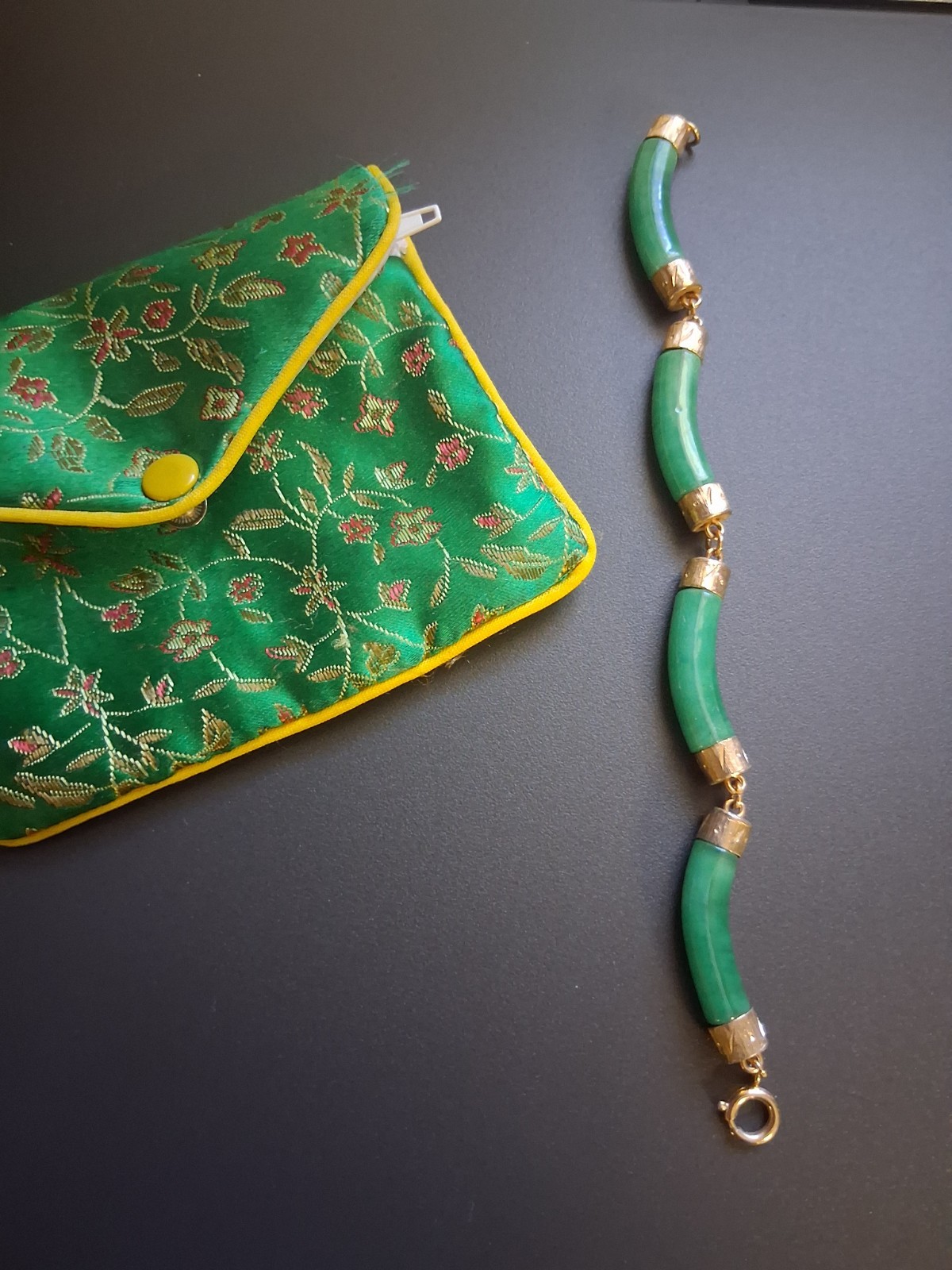 Green Jade Bar Bracelet Gold-Tone Spacers Spring Ring Clasp 8 in