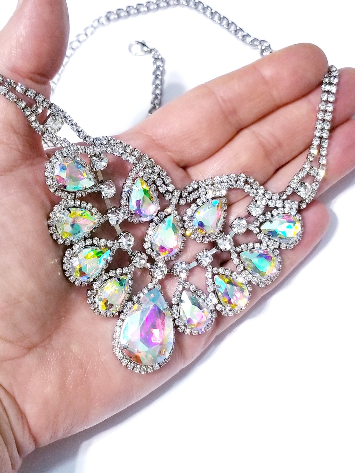 Iridescent AB Crystal Choker Rhinestone Statement Necklace Bridal Prom Pageant