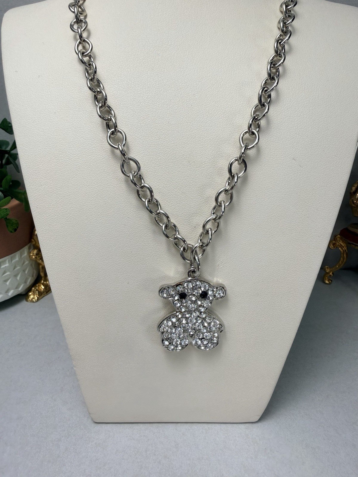Rhinestone Teddy Bear Pendant Necklace Silver Tone Chunky Cute Black Eyes 21″