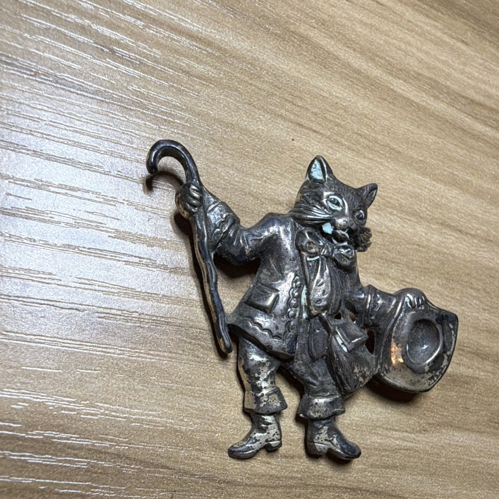 Vintage Brooch, Cat with a hat and cane, “Sterling” stamp