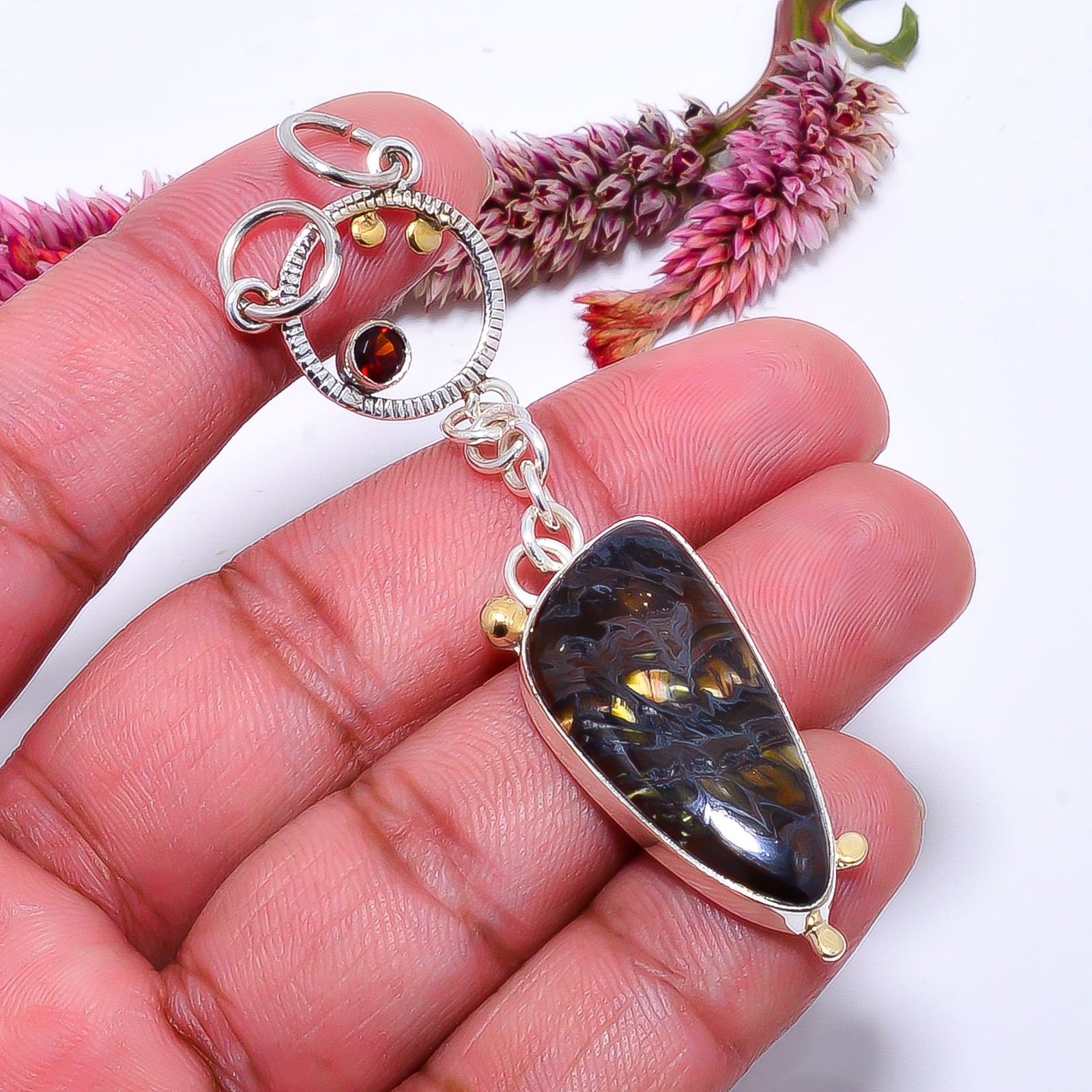 Iron Tiger Eye & Red Garnet 925 Solid Silver Two Tone Pendant 2.73″ P1037111461