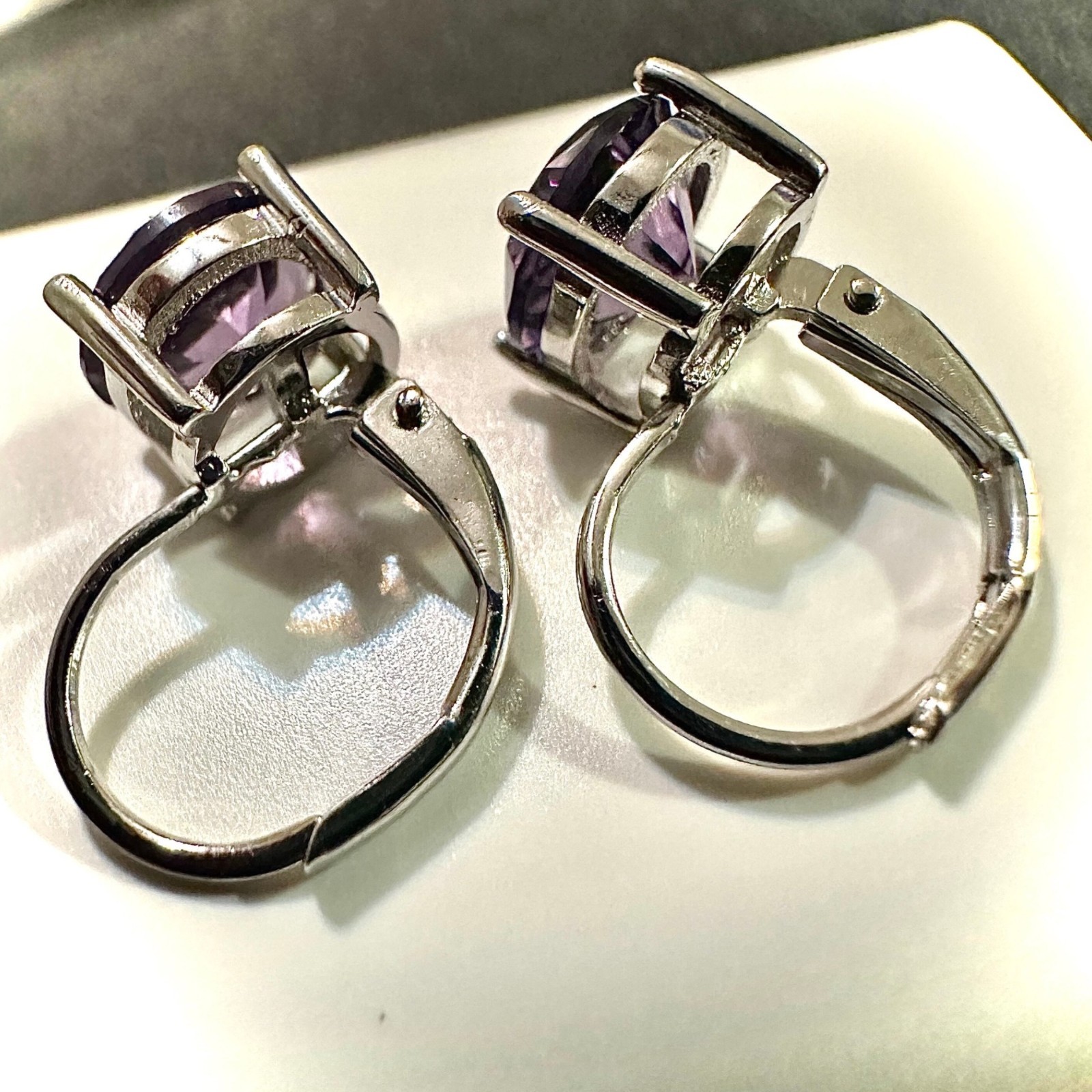 Amethyst CZ Leverback Earrings 6mm Silver Plated Purple Drop Earrings