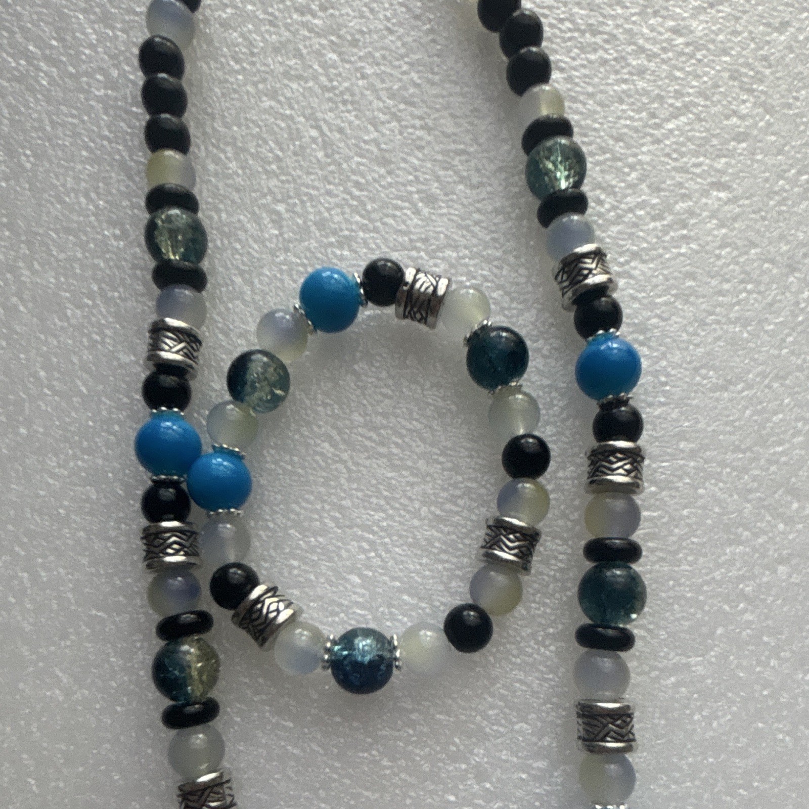 Blue Black White Beaded Jewelry Set Necklace Bracelet with Heart Charm