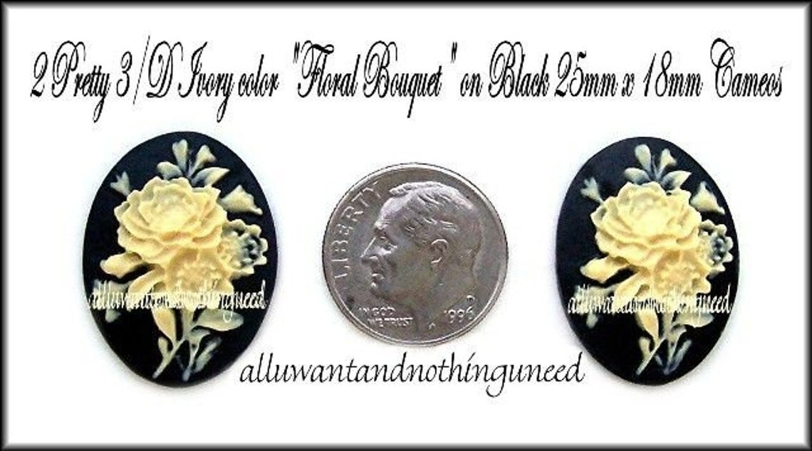 6 New Unset 25mm x 18mm IVORY on BLACK color Floral Bouquet of Flowers CAMEOS