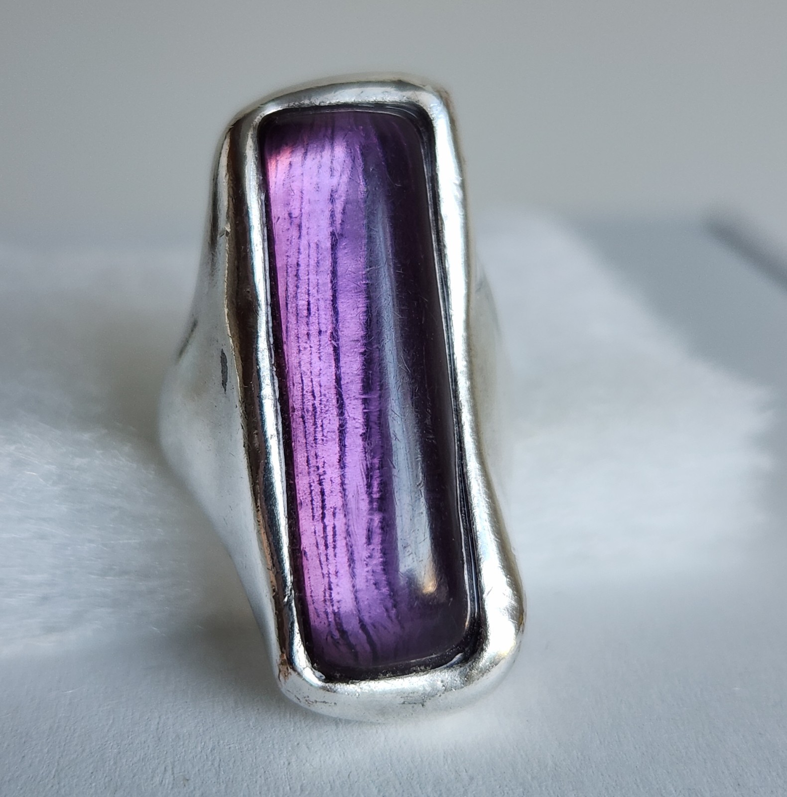 Bold Sterling Silver Statement Ring w/ Purple Cabochon Size 6.5 12.7g Marked GA