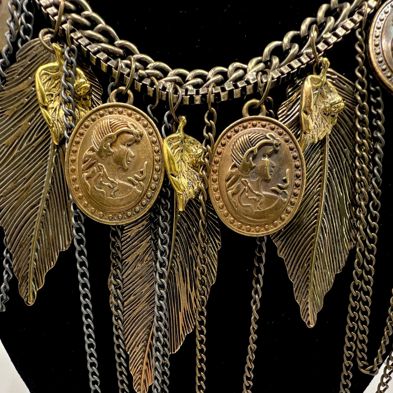 Antique Gold Gunmetal Curb Chain Bib Statement Necklace, Leaf Charm, Adjustable