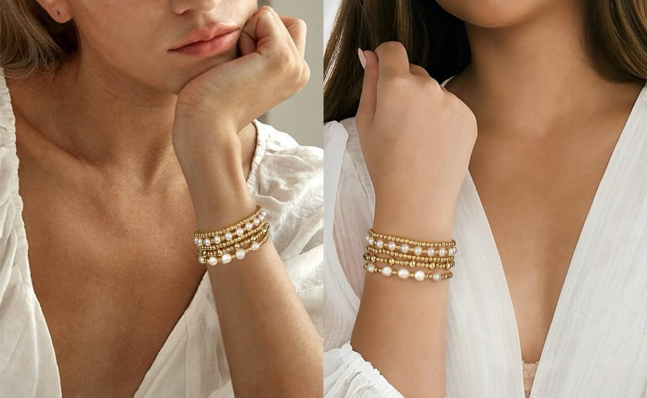 5 Pcs Gold Silver Beaded Bracelet Set Pearl Stretch Stackable Women