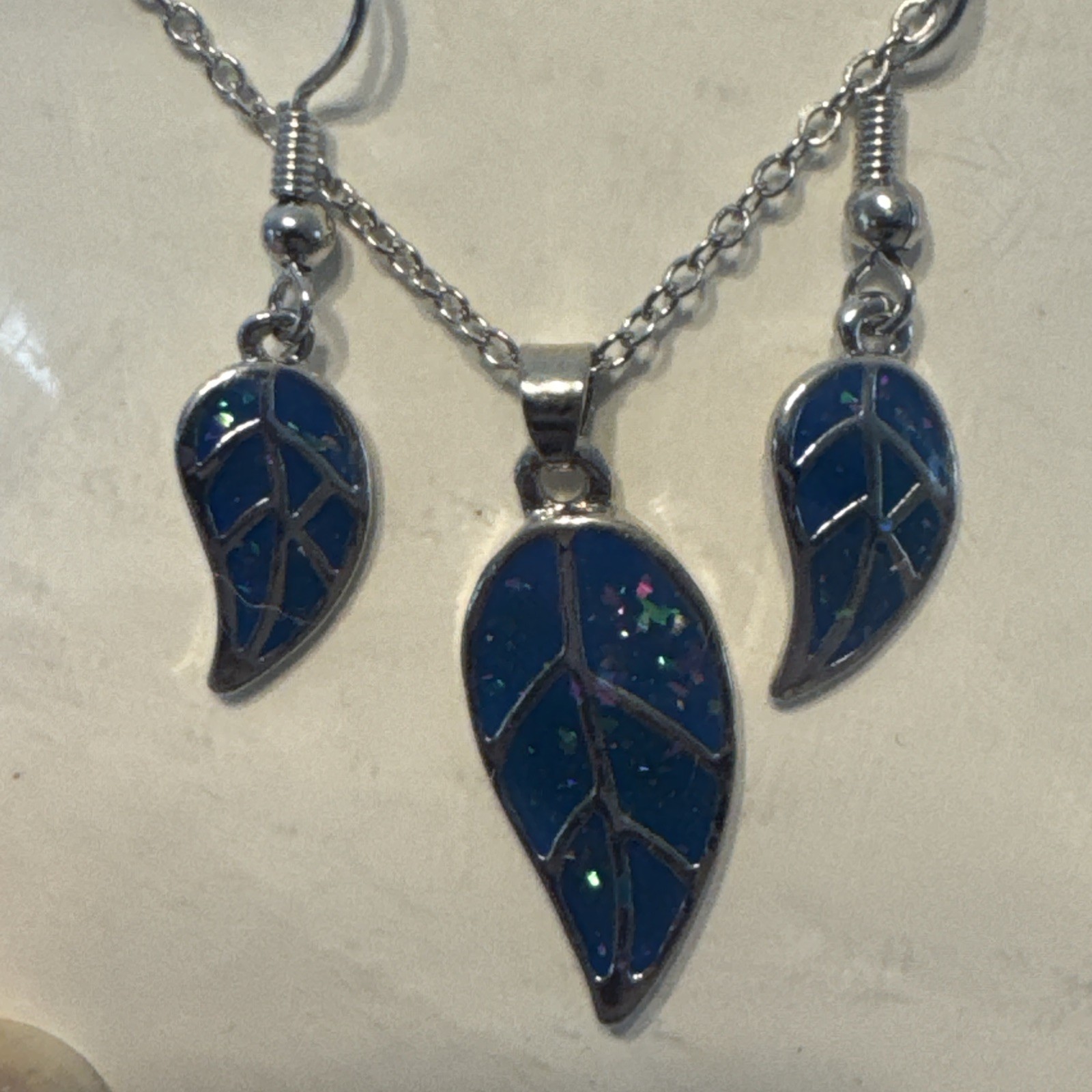 Necklace & Earrings Set Blue Synthetic Opal Leaf Shaped With Silver Chain