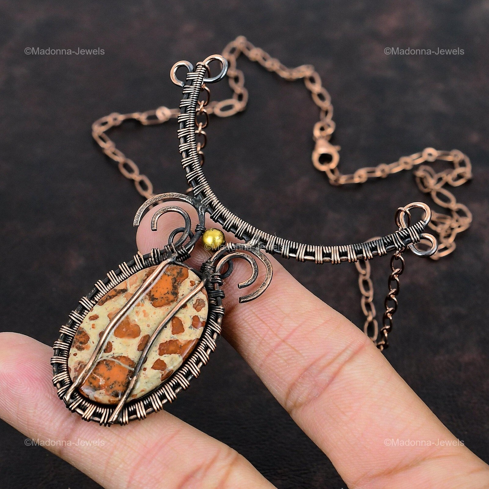 Oval Asteroid Jasper Gemstone Copper Sister Chain Wire Wrapped Birthday Necklace