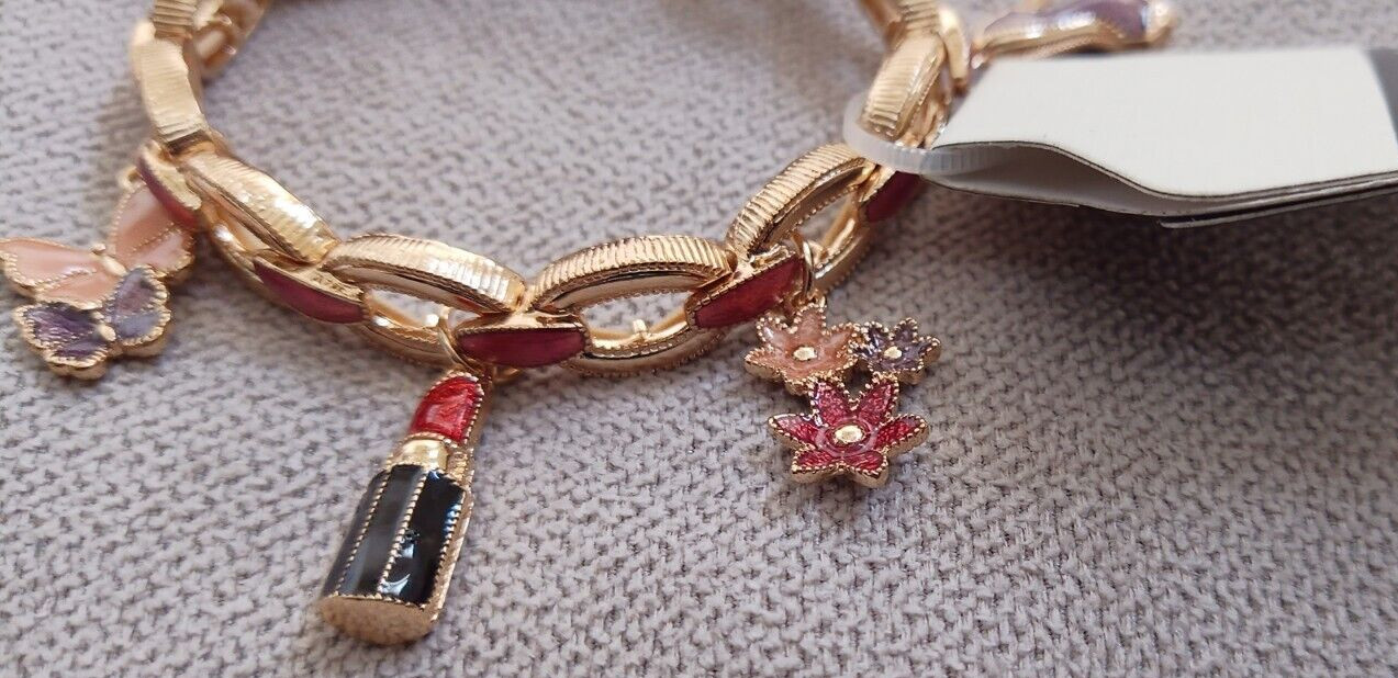 NWT Napier Gold Tone Love & Beauty Charm Stretch Bracelet Heart Rose Lipstick ++