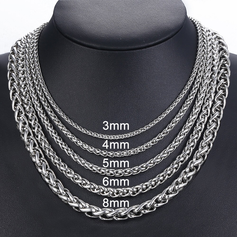 USA Stock 3/4/5mm Unisex Wheat Spiga Chain Stainless Steel Necklace Silver Men