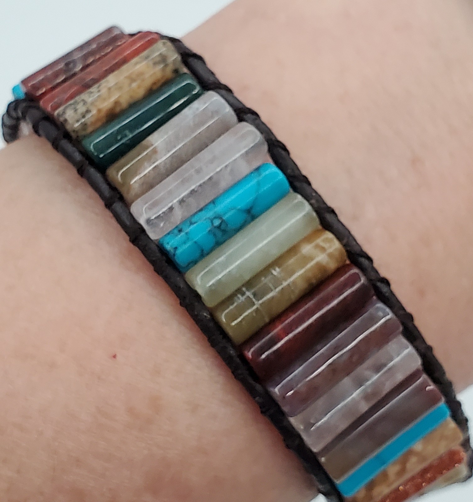 Southwest Stone Leather Wrap Bracelet 7in or 8in Unisex Multicolor Tube Beads