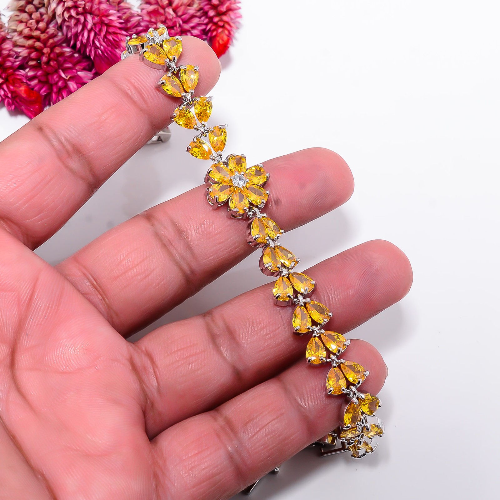 Yellow Sapphire – Simulated, CZ 925 Sterling Silver Adjustable Bracelet 7-8″ B2