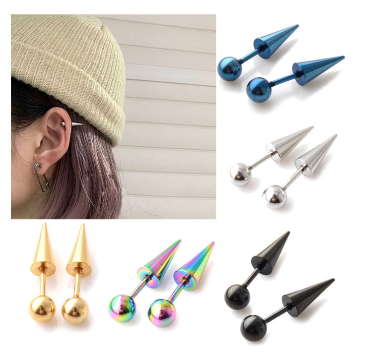 2Pcs Punk Spike Cartilage Stud Stainless Steel Ball Screw Back Earrings PE30
