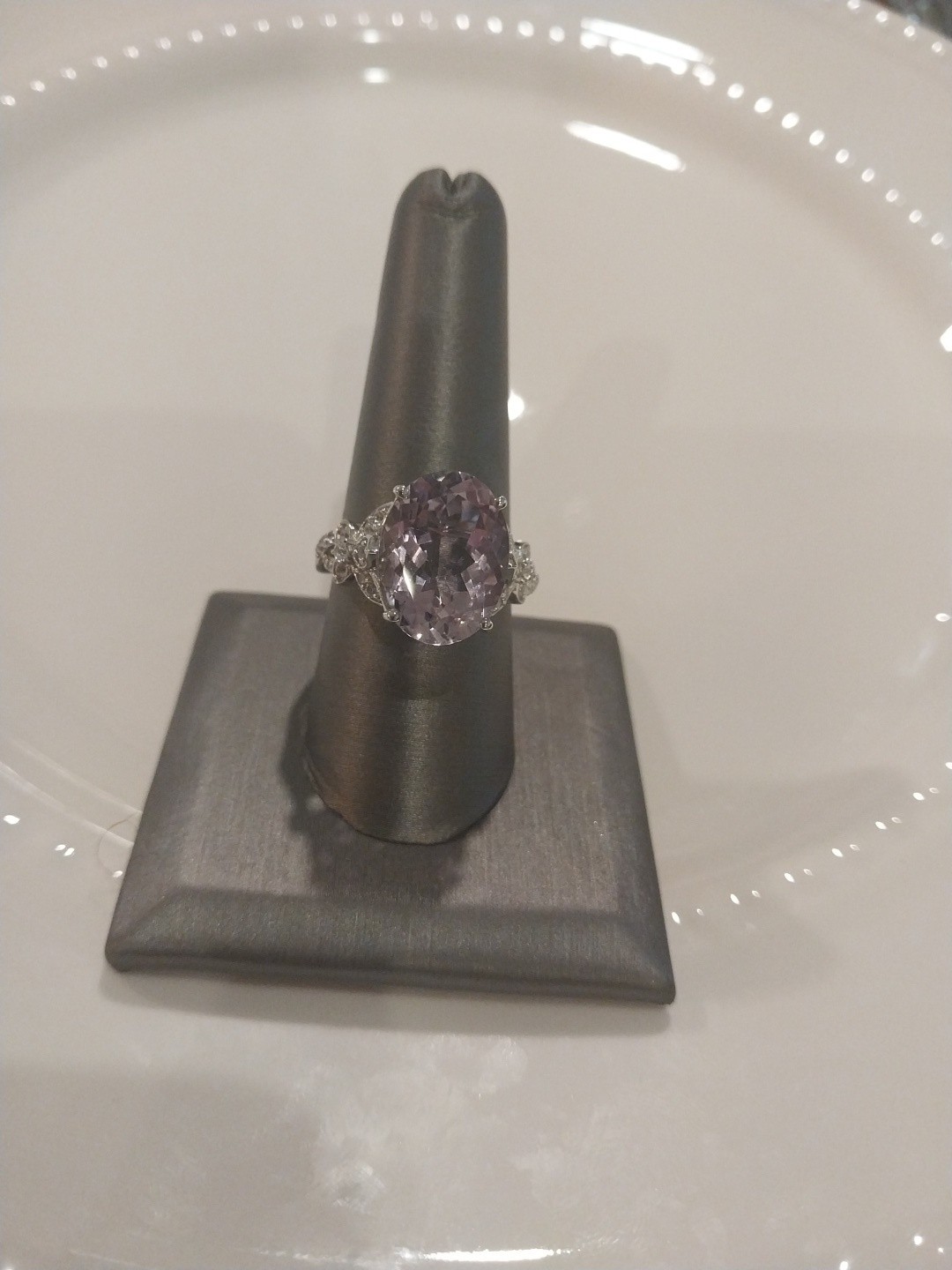 Karis Rose De France Amethyst, White Zircon Floral Rng PlatBond, sz 9, TCW= 9.70