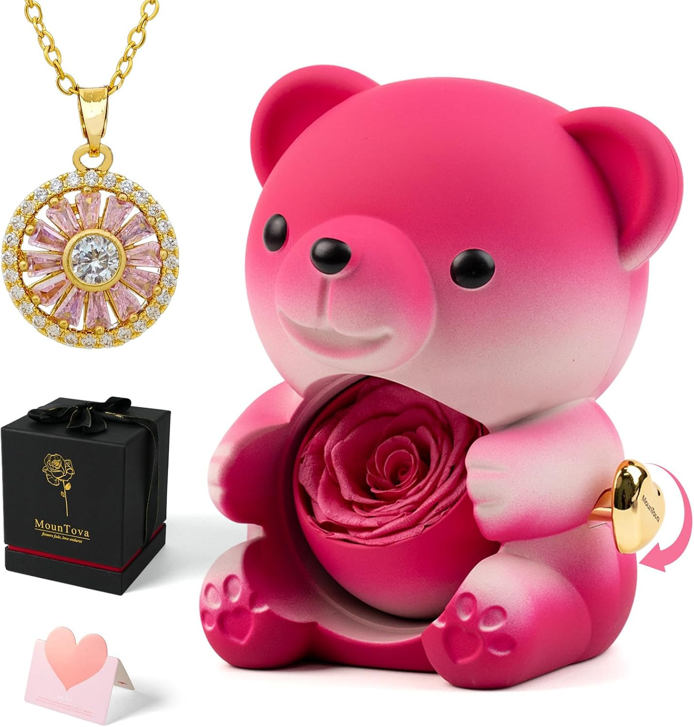 Cute Teddy Bear with Preserved Rose and Necklace, Elegant Bear Roses Gifts with