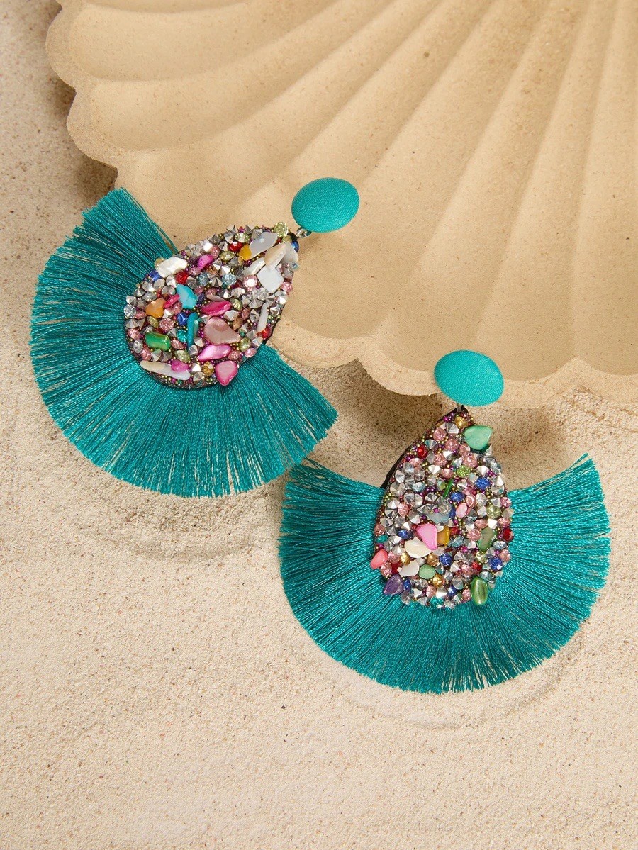 Ettika Turquoise Boho Tassel Statement Earrings Turquoise Fringe Crystal CZ Glam