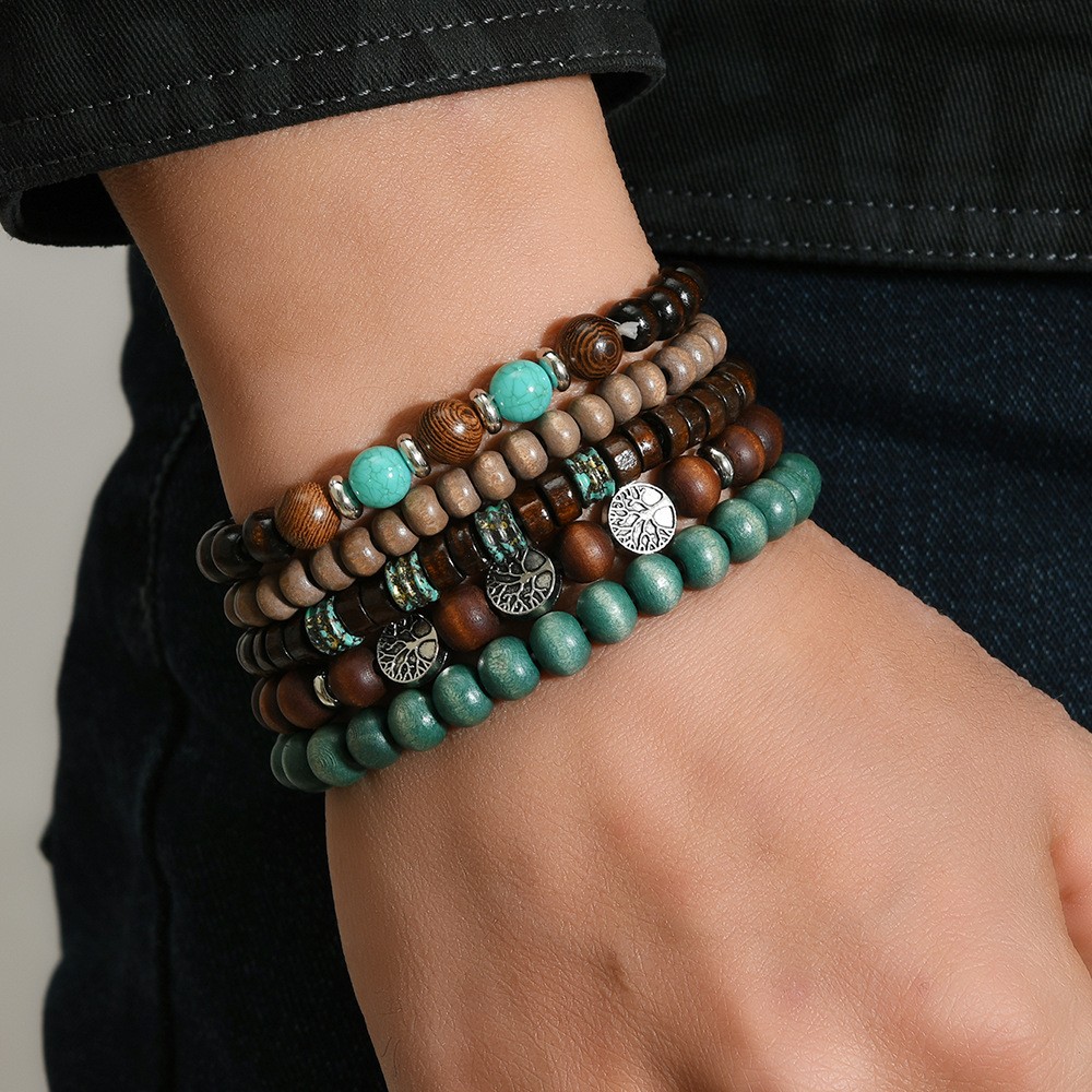 Vintage Men’s Wood Beaded Bracelet Turquoise Stone Life Tree Multi Layer