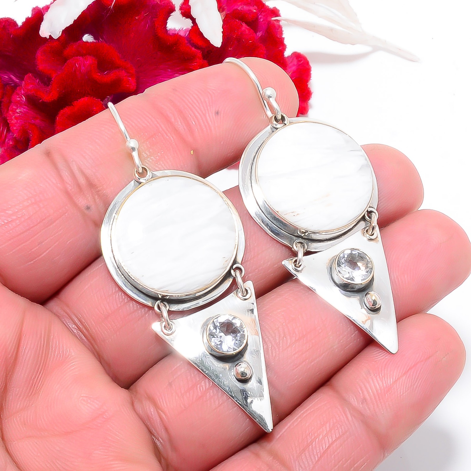 White Scolecite – India & White Topaz 925 Sterling Silver Earring 2.34″ E8386