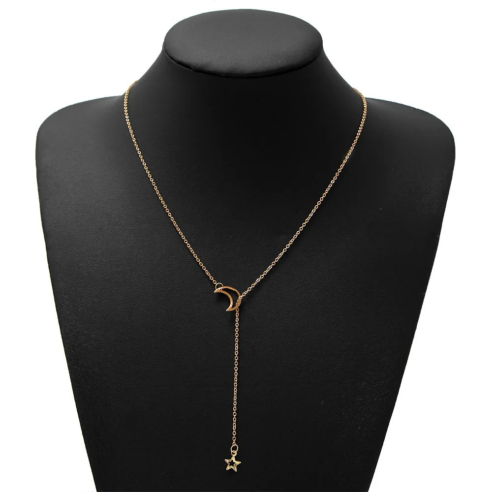 Elegant Moon Star Pendant Choker Necklace Gold Color Alloy Chain Party Jewelry