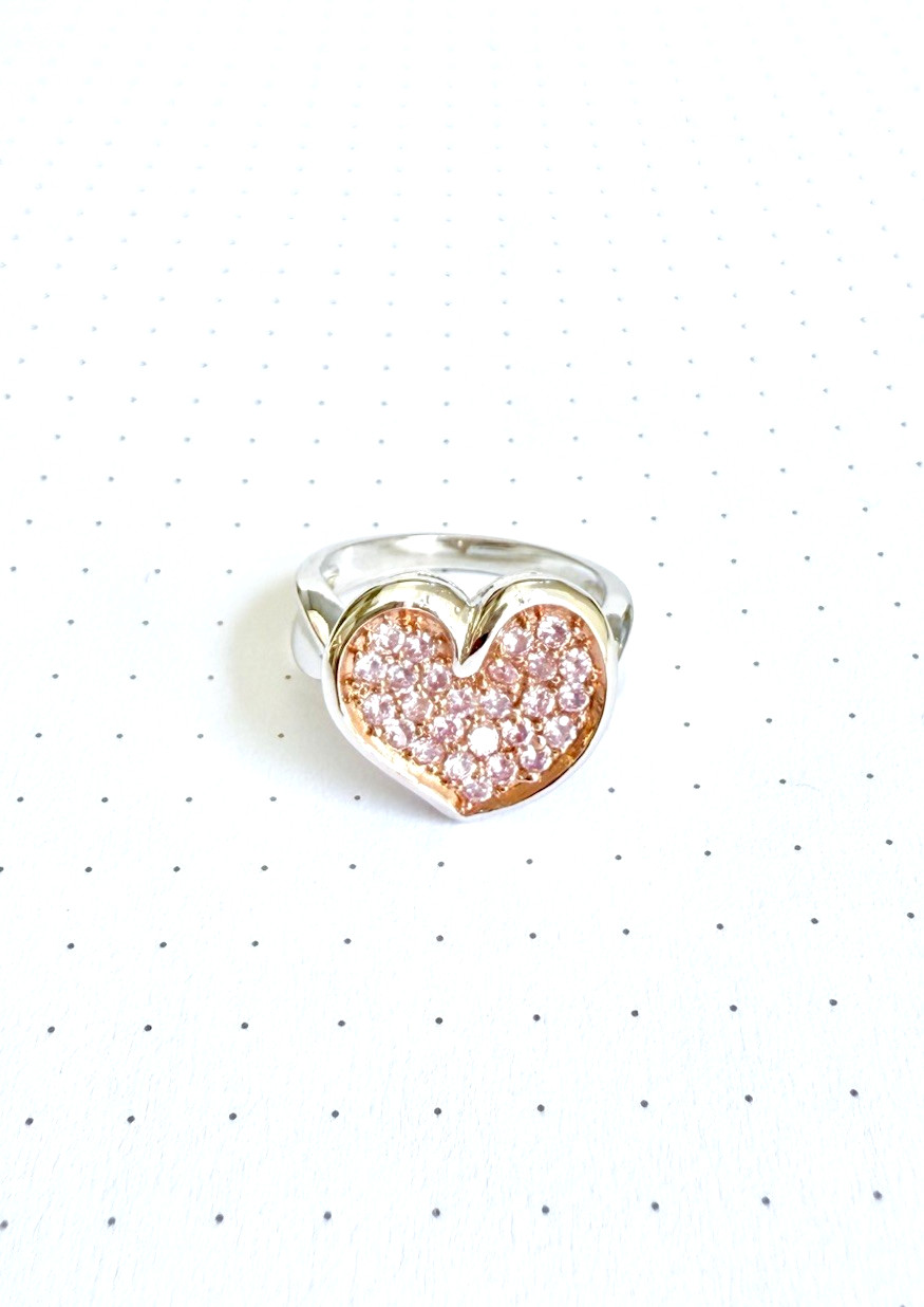(SIZE 6,7,8,9) Champagne HEART RING Lite Pink CZs & Filigree 925 STERLING SILVER