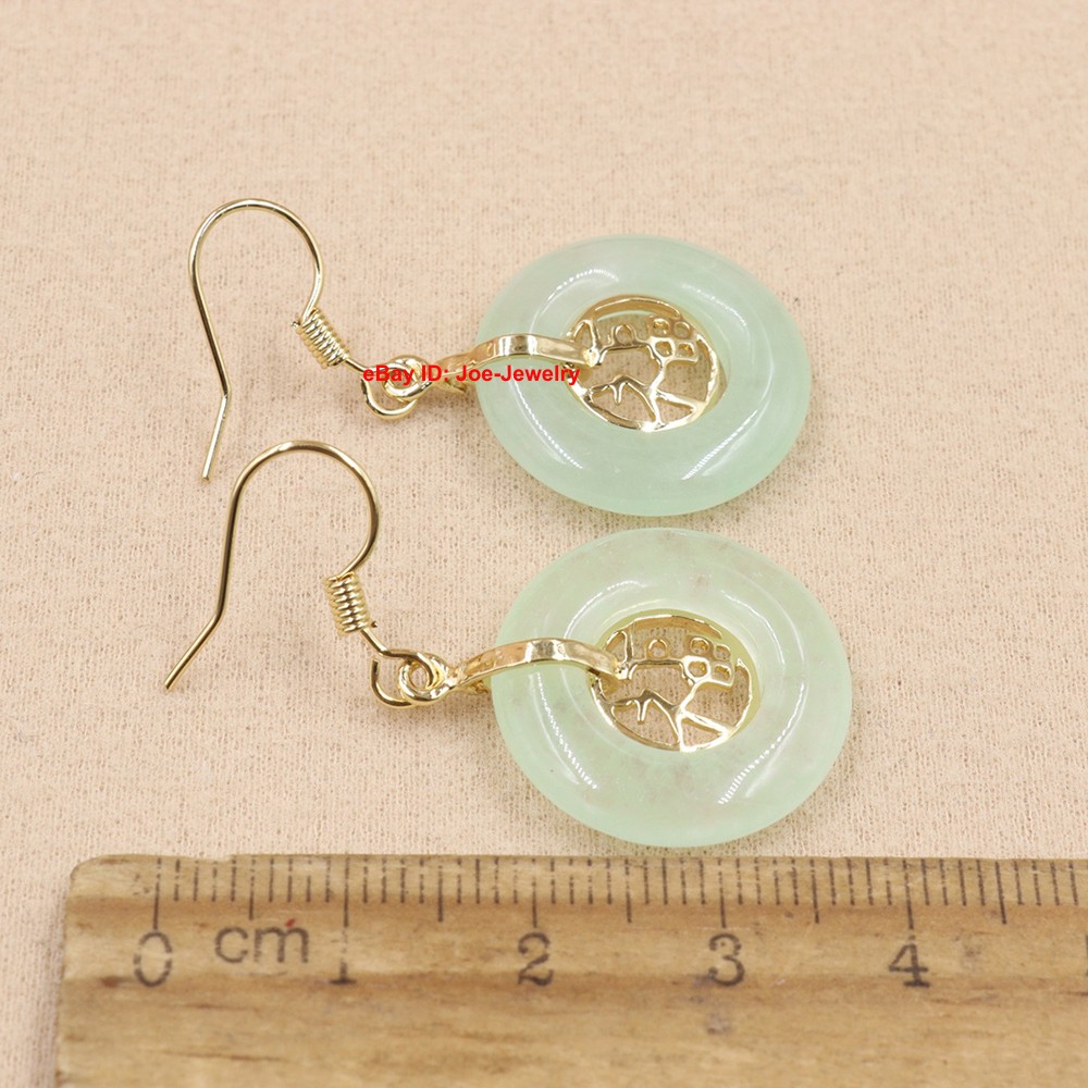 New Gold Plated Heated Light-Green Jade 福 Circle Dangle Earrings 38mm H