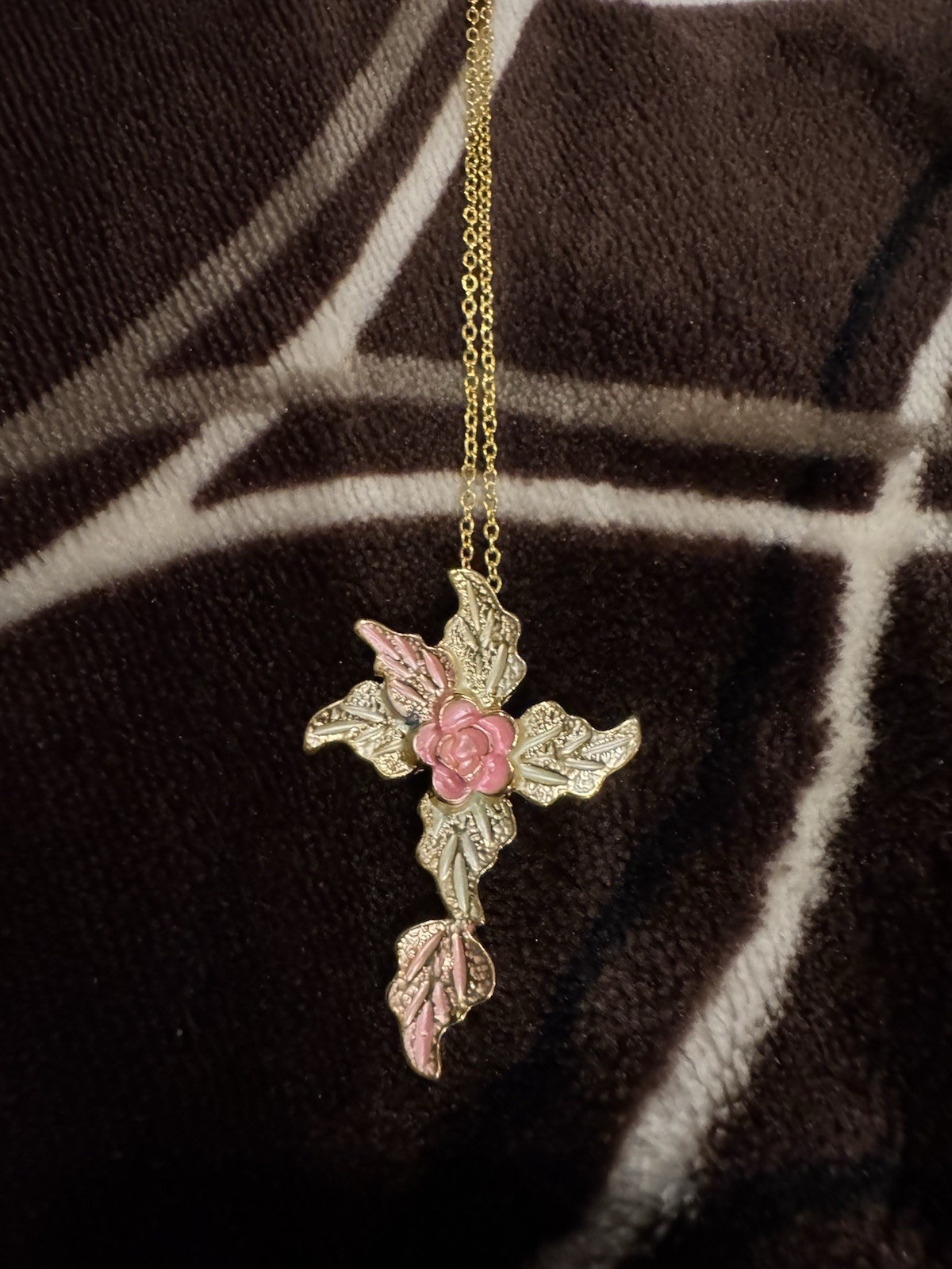 Gold-Plated Pink Enamel FloralCross Pendant Necklace