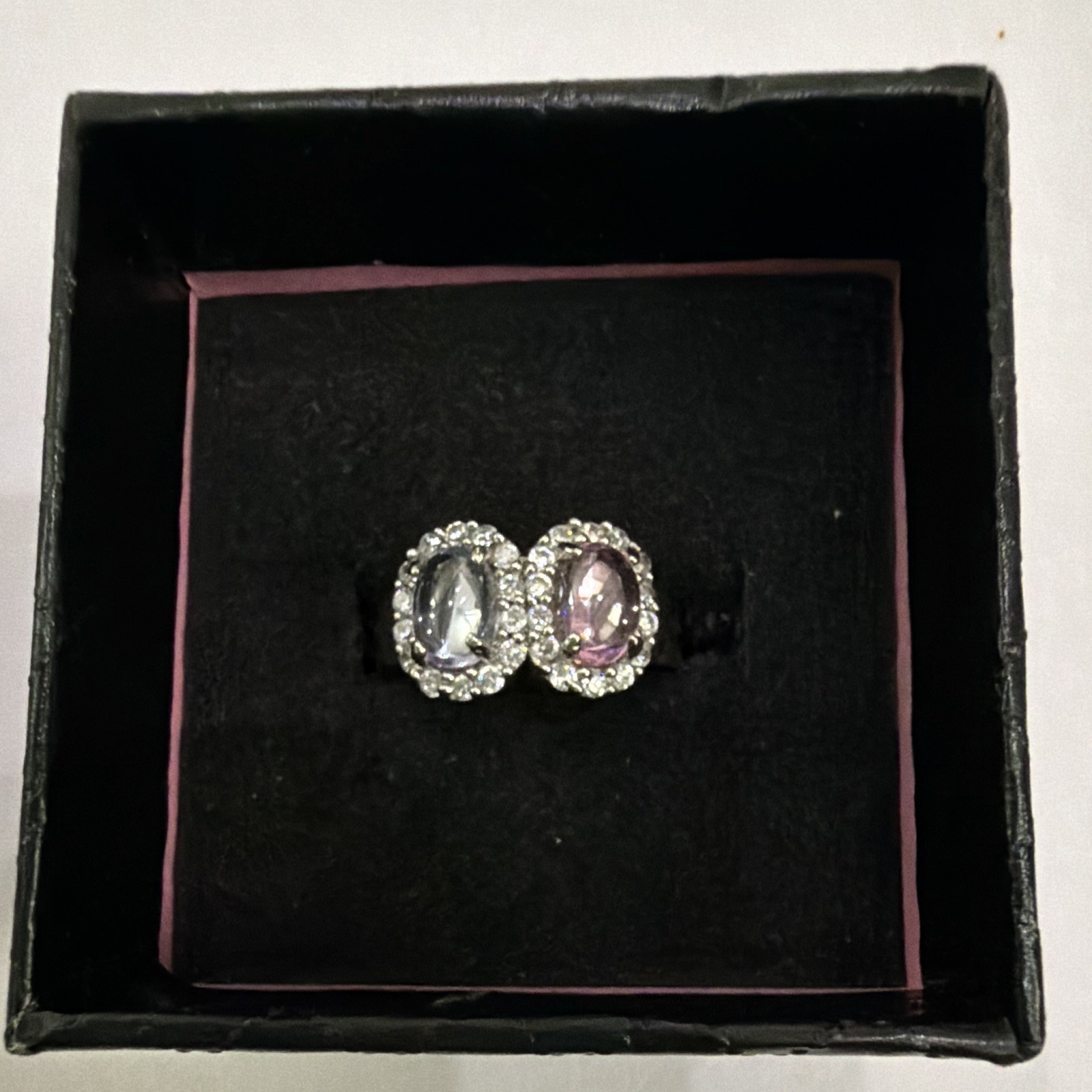 Silver Metal Cocktail Ring Double Oval Pink Purple lab Stones Halo Rhinestone