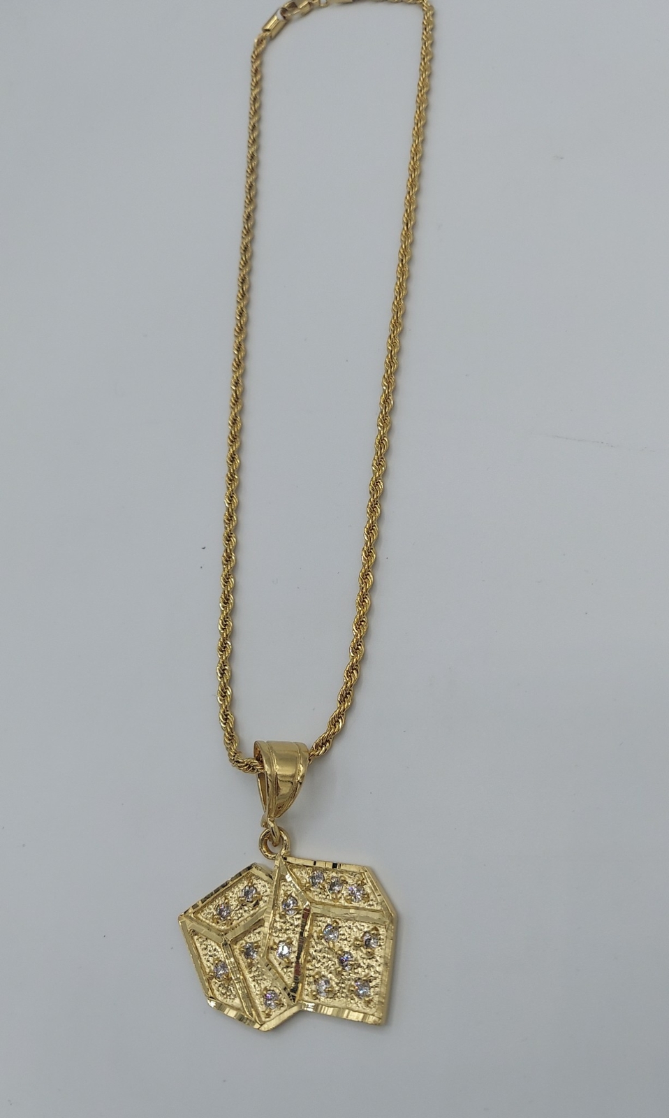14KT GOLD EP DICE GAMBLING WITH CLEAR CZ CHARM WITH 18″ 3MM ROPE CHAIN -9005