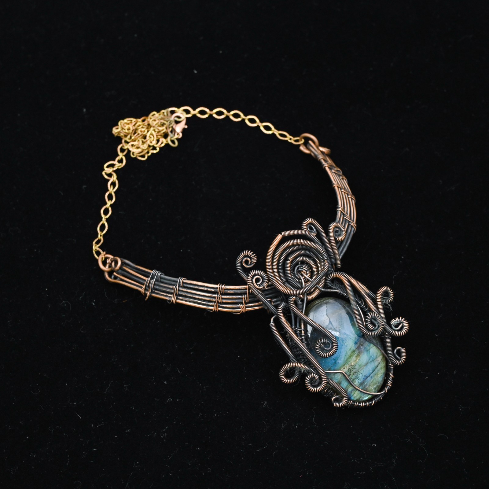 Copper Wire Wrapped Labradorite Pendant Necklace| Large Round Artisan Gemstone