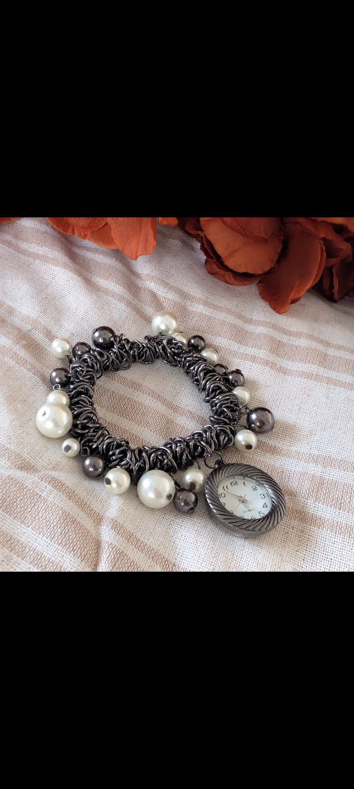 Silver Beaded Charm Stretch Bracelet with Dangle Charm Quartz Watch