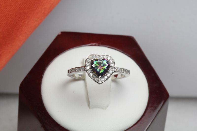 1.0 CTW STERLING SILVER HEART CUT CZ MYSTIC RAINBOW TOPAZ Promise Purity RING